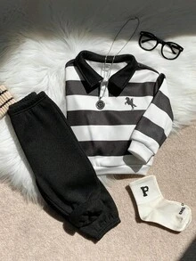 SHEIN 2件套男/女童休闲可爱撞色Polo领长袖卫衣和裤子两件套，适合秋冬季节。男童两件套条纹Polo衫套装，男童两件套服装，男童休闲套装，长袖男童服装，3岁男童服装，男童运动服秋季服装。 - 彩色 - 查看 5