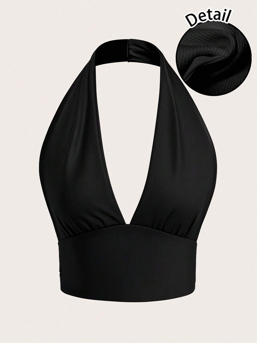SHEIN EZwear 女式休闲性感露背黑色挂脖背心,百搭 - 黑色 - 查看 1