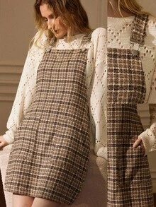 Écloséra Women's Simple Casual Brown Dress Plaid Double Pocket Wide Shoulder Strap Suspender Skirt Women's Autumn Dress For Going Out Female Country Style