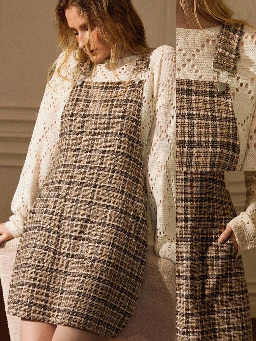 Écloséra Women's Simple Casual Brown Dress Plaid Double Pocket Wide Shoulder Strap Suspender Skirt Women's Autumn Dress For Going Out Female Country Style