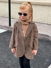 Playful Pals 女童羊毛混纺呢子大衣，高端英伦风缺口领口复古格纹，时尚优雅，适合秋冬日常穿着和朋友聚会