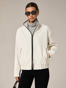 Hanevo Women's Elegant Leather Patchwork Double-Zipper Long Sleeve Jacket - Black and White - View 5