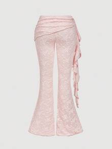 SHEIN MOD 休闲蕾丝裹身褶饰喇叭裤 - 粉色 - 查看 2