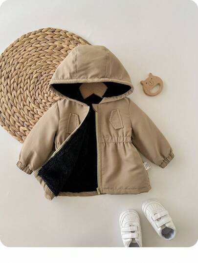 SHEIN 1-Pack Newborn Fashionable Casual Hooded Khaki Mid-Length Coat With Grab Fleece Lining, Suitable For Back To School, Birthdays, Baby Baptisms, Baby Parties, Suitable For And Playing, Suitable For Autumn And Winter Baby Boy Winter Coat Toddler Winter Jacket Baby Boy Coats Baby Hooded Jacket Baby Fall Jacket Coat