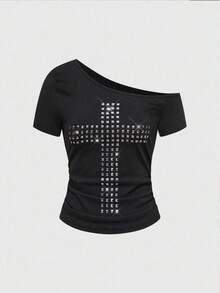 ROMWE Grunge Punk Áo thun Y2K Punk Kpop Cross Rivet Oblique Shoulder Fitted Solid Color Multi-Satile T-Shirt - màu đen - Xem 1