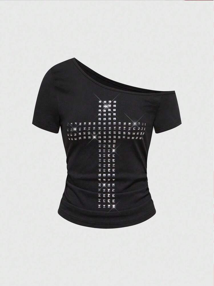 ROMWE Grunge Punk Spring/Summer Y2K Punk Kpop Cross Rivet Oblique Shoulder Fitted Solid Color Versatile T-Shirt - Black - View 1
