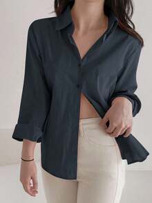 DAZY 女士长袖单排扣休闲百搭宽松纯色衬衫、秋装、返校服 - 藏蓝色 - 查看 2