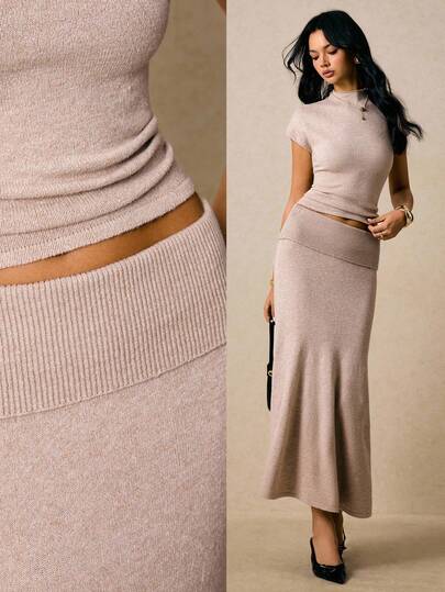 Poéselle 女式纯色中式立领蝙蝠袖针织上衣和针织铅笔裙两件套，针织两件套，米色两件套，两件长裙套装，针织超长裙套装，秋冬两件套裙