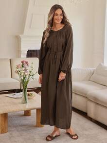 Louniche فستان أنيق وبسيط للمرأة للمكتب/الكاجوال/العطلات، طوق واقف، أكمام راجلان، متجعد، نصف سوستة، خصر بسحاب، جيوب، قصة مريحة، طول متوسط، لون بني قهوي - بني داكن - مشاهدة 3