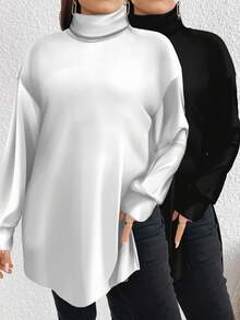 SHEIN LUNE 2 件大码高领宽松长袖黑白 T 恤套装，适合秋冬季 - 黑與白 - 查看 11