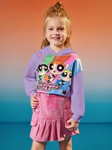 THE POWERPUFF GIRLS X SHEIN 年轻女孩卡通印花休闲宽松落肩短款连帽衫 - 紫色 - 查看 7