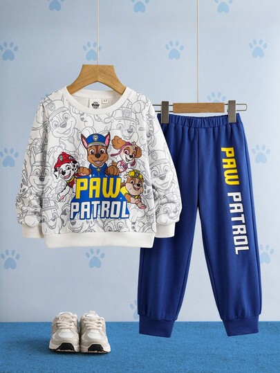 SHEIN | PAW Patrol 2pcs/Set Young Boy Cartoon Puppy Print Crew Neck Long Sleeve Sweatshirt And Letter Graphic Sweatpants, Sporty Casual Outdoor Outfit Boys Sweatpants Graphic And Shirt Fall Winter