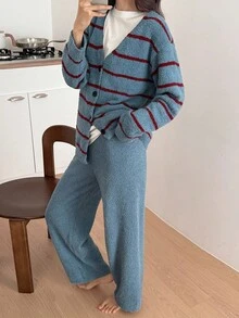 DAZY 女士针织条纹提花上衣和纯色宽松睡裤家居服套装，冬季舒适秋季服装 - 藍色 - 查看 6