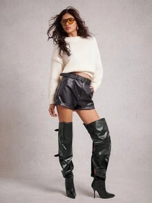 SHUZIA Fashionable Women's Black PU Over The Knee Slouch Point Toe High Heel Sexy Winter Buckle Strap Boots - Black - View 3