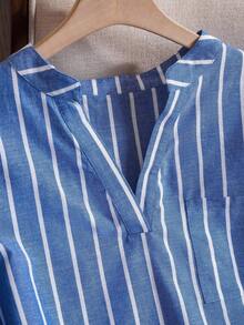EMERY ROSE 大码女式秋季乡村休闲蓝白条纹长袖衬衫上衣，带口袋，秋冬季，外出穿着，2025新款 - 藍白色 - 查看 7