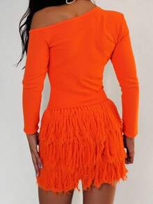 SHEIN Unity Avenne Fashionable High-End Solid Color Knit Tassel Bodycon Dress - Orange - View 2