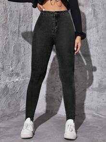 SHEIN Essnce Quần jean bó cạp cao màu trơn đơn giản dành cho nữ đi làm thường ngày - màu đen - Xem 3
