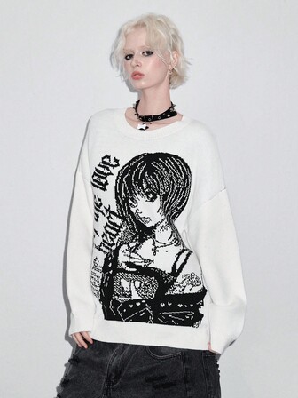 ROMWE Avant Unisex Y2K Cartoon Jacquard Pullover