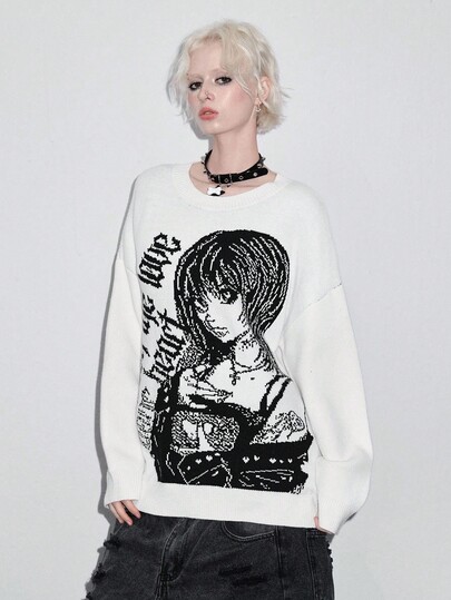 ROMWE Avant Suéter básico de cuello redondo con estampado de dibujos animados Y2K unisex