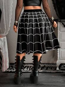 Whyspr Váy xòe cạp chun co giãn phong cách mạng nhện Gothic tối màu cổ điển mới, hóa trang Halloween - Đen và trắng - Xem 2