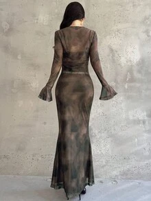 Firerie Elegant Date Holiday Mesh Tie-Die Printed Swing Dress With Flare Sleeve Top 2pcs/Set - Brown - View 7