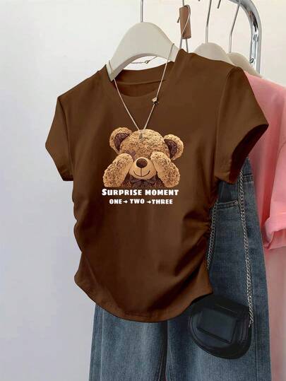 INAWLY Cute Teddy Bear Print Casual Fitted Ruched Waist Going Out Tops, Short Sleeve Women T-Shirt, Suitable For Summer