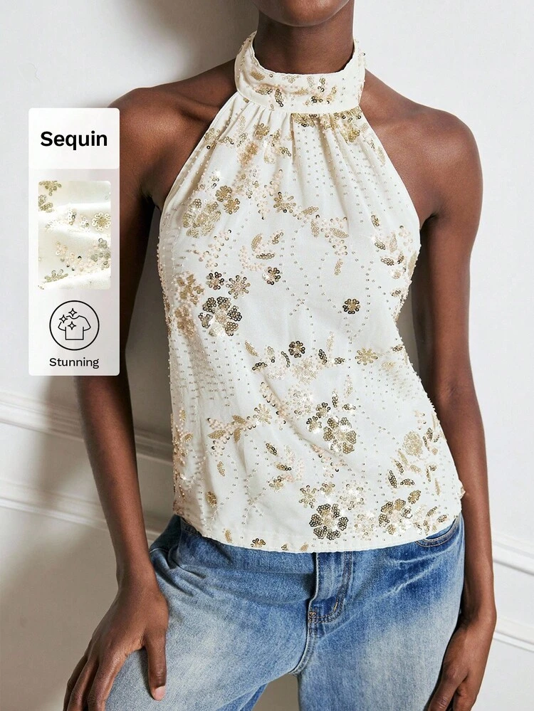 SHEIN Maija Top dos nu sexy à paillettes et broderie pour femmes, Top orné de paillettes , Top à fleurs ditsy, costume d'Halloween, Top de Noël pour femmes, Top pailleté décontracté pour femmes pour fête, Top élégant pour soirée femmes