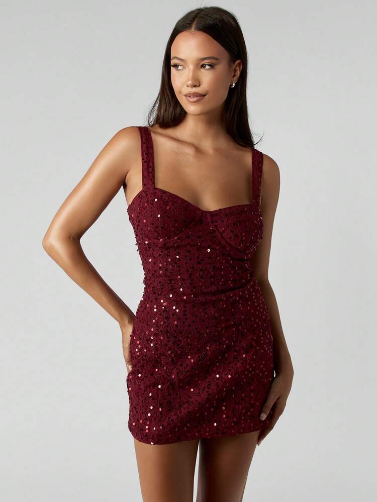MISSGUIDED Sequin Lace Mini Dress Burgundy Party Club Night Corset Style Bustier Top Sleeveless Homecoming Holiday Sparkle Bodycon Special Occasion Form Fitting
