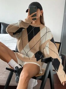 Livesso Pulover de damă în carouri, lejer, casual, cu model geometric, blocuri de culori, potrivit pentru ținute de birou, toamnă/iarnă - Kaki - Vizualizare 2