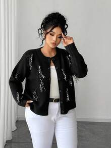 Elenzga Fashionable Elegant Date Party Design Handmade Tassel Short Sweater Cardigan, Plus Size, Autumn/Winter Exquisite Button-Up Black Knit Jacket - Black - View 3