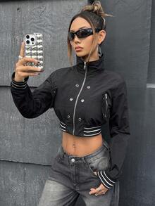SHEIN ICON 秋冬女士黑色长袖时尚夹克 - 黑色 - 查看 8