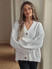 Louniche Cárdigan casual de mujer de cuello en V suelto con forro polar por un solo lado, suave y cómodo, para otoño/invierno - Blanco - Ver 1