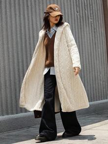 青少年女孩休闲百搭日常家居服麻花针织条纹羊毛连帽长外套，秋冬 - 杏色 - 查看 3