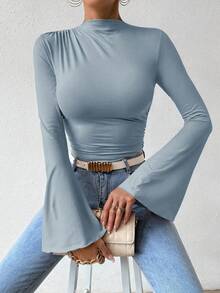RosyDaze 女式纯色束腰喇叭袖飘逸紧身衣 - 藍色 - 查看 8