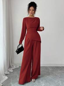 SHEIN Raffinéa Bộ 2 áo thun tay dài màu trơn viền gấp bất đối xứng cho nữ - Rỉ Nâu - Xem 3