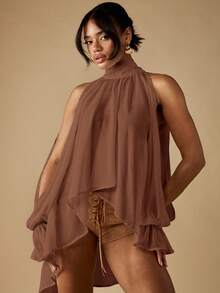 MISSGUIDED 优雅露肩雪纺衬衫高领长款灯笼袖飘逸派对晚会婚礼宾客秋季上衣 - 咖啡棕 - 查看 1