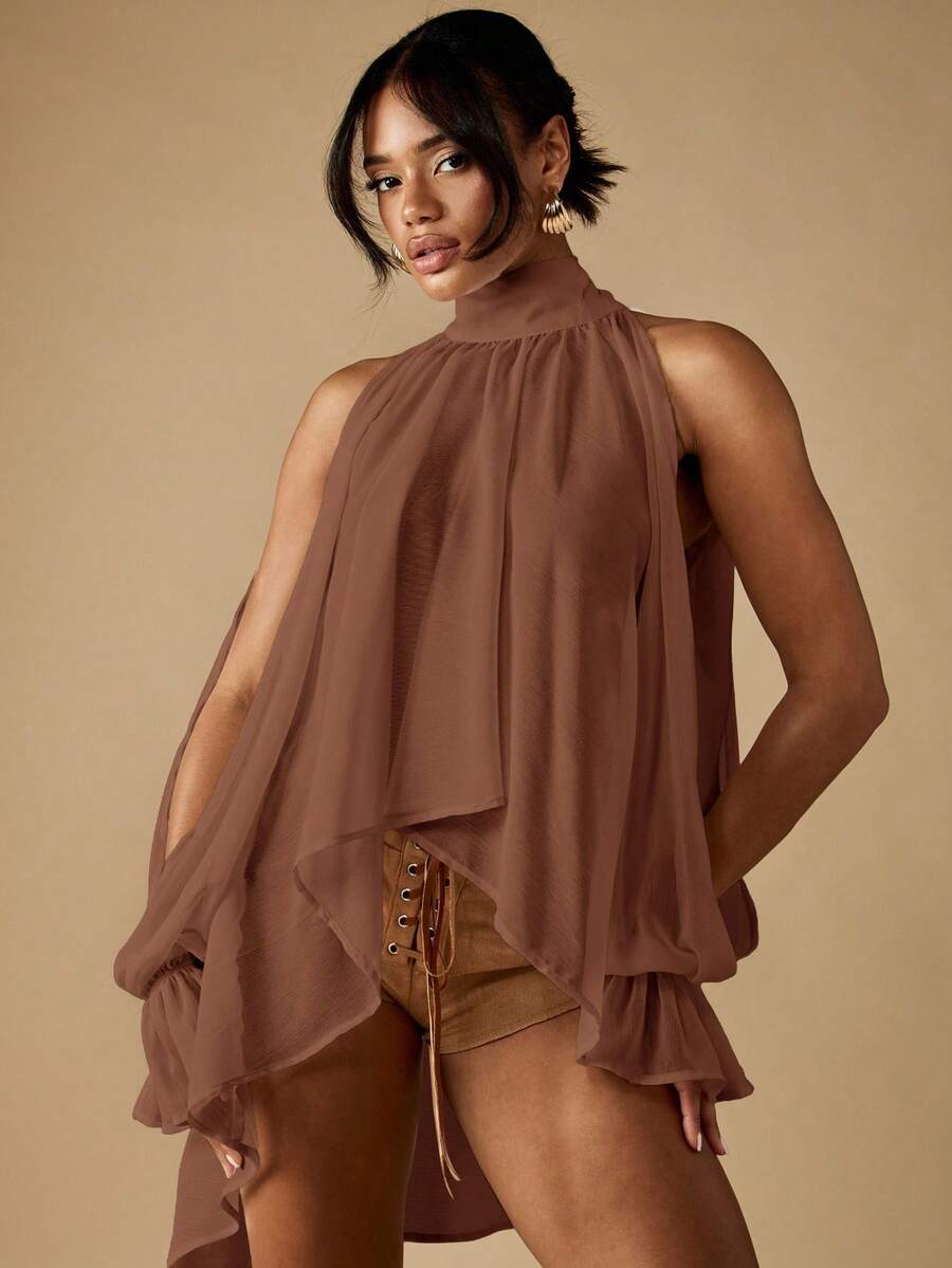 MISSGUIDED 优雅露肩雪纺衬衫高领长款灯笼袖飘逸派对晚会婚礼宾客秋季上衣 - 咖啡棕 - 查看 1