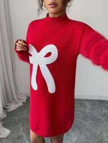 Selianne Vestido de suéter de manga larga con cuello redondo elegante para mujer, con decoración de piel de visón, lentejuelas y lazo, versátil para Navidad, Año Nuevo, otoño/invierno - Rojo - Ver 4
