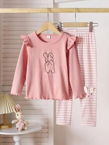 2pcs/Set Young Girl Crew Neck Ribbed Knit Long Sleeve Top With Cute Rabbit Embroidery & Striped Pants, Cozy Loungewear, Autumn/Spring Fall Winter - Multicolor - View 3