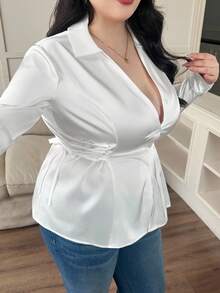 Modelyn 加大码女式醋酸纤维哑光缎面系腰法式简约百搭长袖衬衫 - 白色 - 查看 5