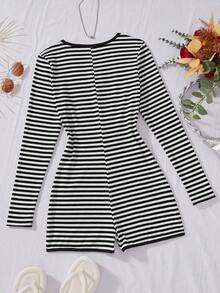 少女韩版条纹长袖连体衣，黑白条纹V领，系带短裤，欧美潮流基本款运动连体衣，适合女孩秋冬 - 黑與白 - 查看 2