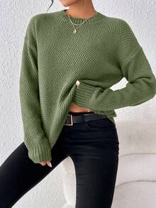 EMERY ROSE Casual Solid Color Arched Hem Sweater, Autumn/Winter - Army Green - View 3
