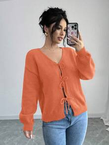 Selianne Áo cánh dài tay buộc dây phía trước màu trơn dành cho nữ, thiết kế đơn giản để mặc hàng ngày, áo khoác cardigan dáng ngắn màu đen, áo khoác cardigan nơ cho bé gái, áo khoác cardigan dáng ngắn màu đen - trái cam - Xem 3