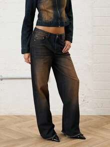 COUREZ Jeans de talle bajo con ajuste regular y delgado en lavado contrastante / Ropa casual de invierno Y2K para mujeres Ropa linda Pantalones de pierna ancha Jeans de talle bajo Pantalones marrones Conjunto casual