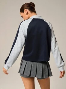 Hanevo Women's Fashion Casual Colorblock Letter Print Open Front Zip Up Raglan Sleeve Loose Cropped Jacket - Multicolor - View 2
