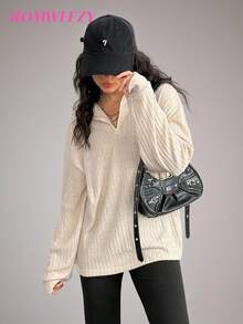 2 pièces Tenue décontractée pour adolescente en automne/hiver, comprenant un Top tricoté avec design à demi-zip pour un enfilage facile et un pantalon noir simple, convenant aux activités scolaires ou de plein air quotidiennes - Nude - Voir 1