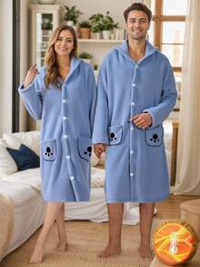 1 pezzo Accappatoio lungo con cappuccio a maniche lunghe, stile minimalista, colore blu chiaro, adatto per coppie, realizzato in tessuto morbido e confortevole, design minimalista per abbinamenti facili, tessuto a maglia elasticizzato, lavabile in lavatrice, vestibilità comoda e facile da curare (venduto singolarmente), autunno