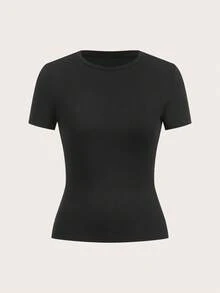 SHEIN EZwear 2 件百搭圆领紧身短袖 T 恤，百搭，多种面料可选 - 黑色 - 查看 4