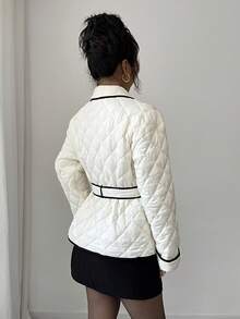 SHEIN Elenzya 女士撞色腰部设计钻石绗缝夹克，优雅适合日常通勤、商务、法式浪漫约会、派对、圣诞节、秋冬长袖杏色常规外套 - 杏色 - 查看 2