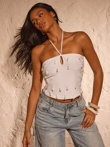 Opulessa Maglione casual da donna per vacanze con scollo impreziosito da perline, stile casual da donna, adatto per concerti, feste, club, autunno, Festa Nazionale, Capodanno, elegante festa, laurea, ballo, lussuoso evento serale per donna, top bianco a fascia, top bianco a bustino, chic autunnale - Bianco - Visualizzare 5